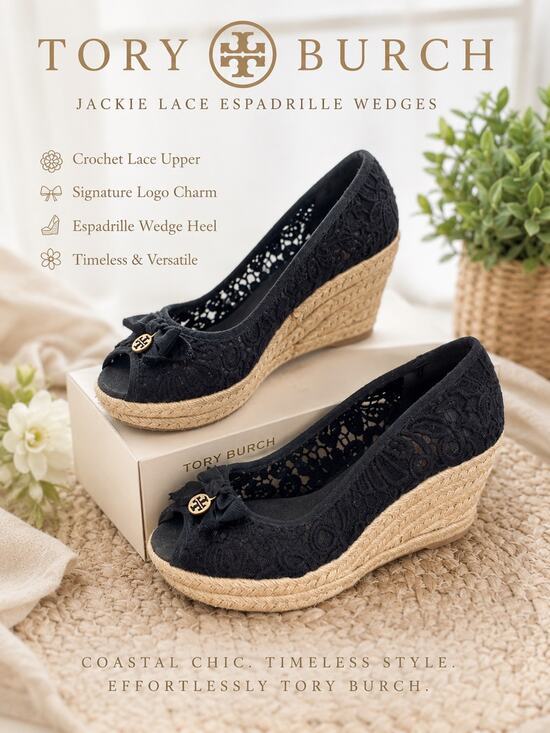 Tory Burch Shoes - Tory Burch Jackie Lace Espadrille Wedge Peep Toe Bow Black Coastal Chic 8.5